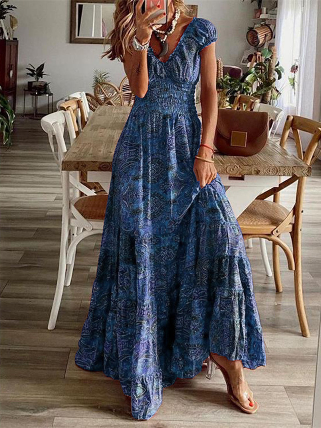 Full Size Smocked Printed V-Neck Short Sleeve Dress Full Size Smocked Printed V-Neck Short Sleeve Dress
